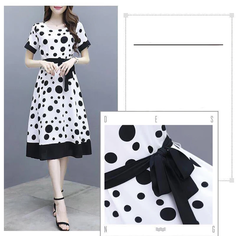 

2021 Summer Women Dress Korean Fashion O Neck Vintage Midi Dress A Line Sashes Plus Size Polka Dot Party Dress M-3XL
