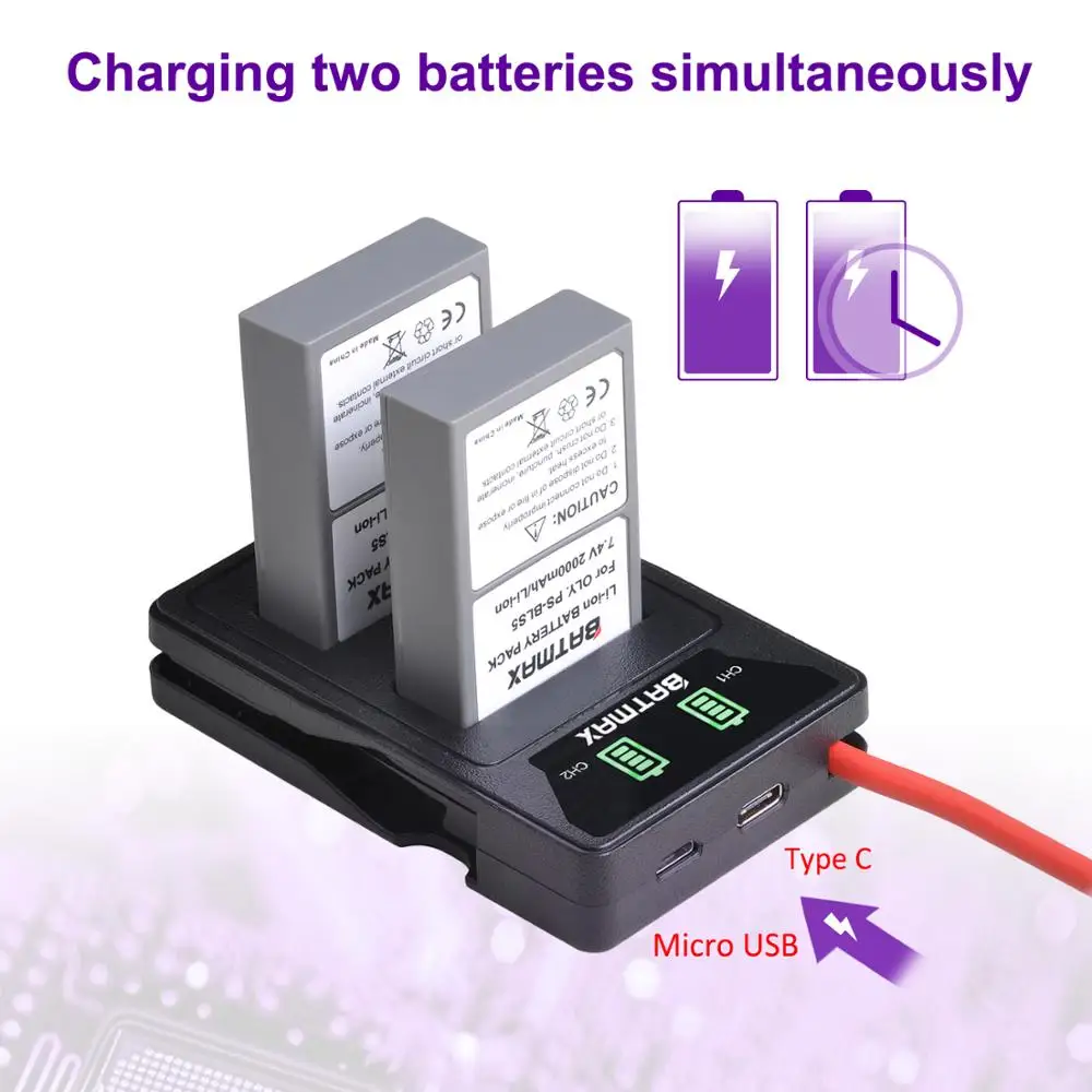 Аккумулятор Batmax для Olympus BLS5 новый светодиодный аккумулятор с двойным зарядным