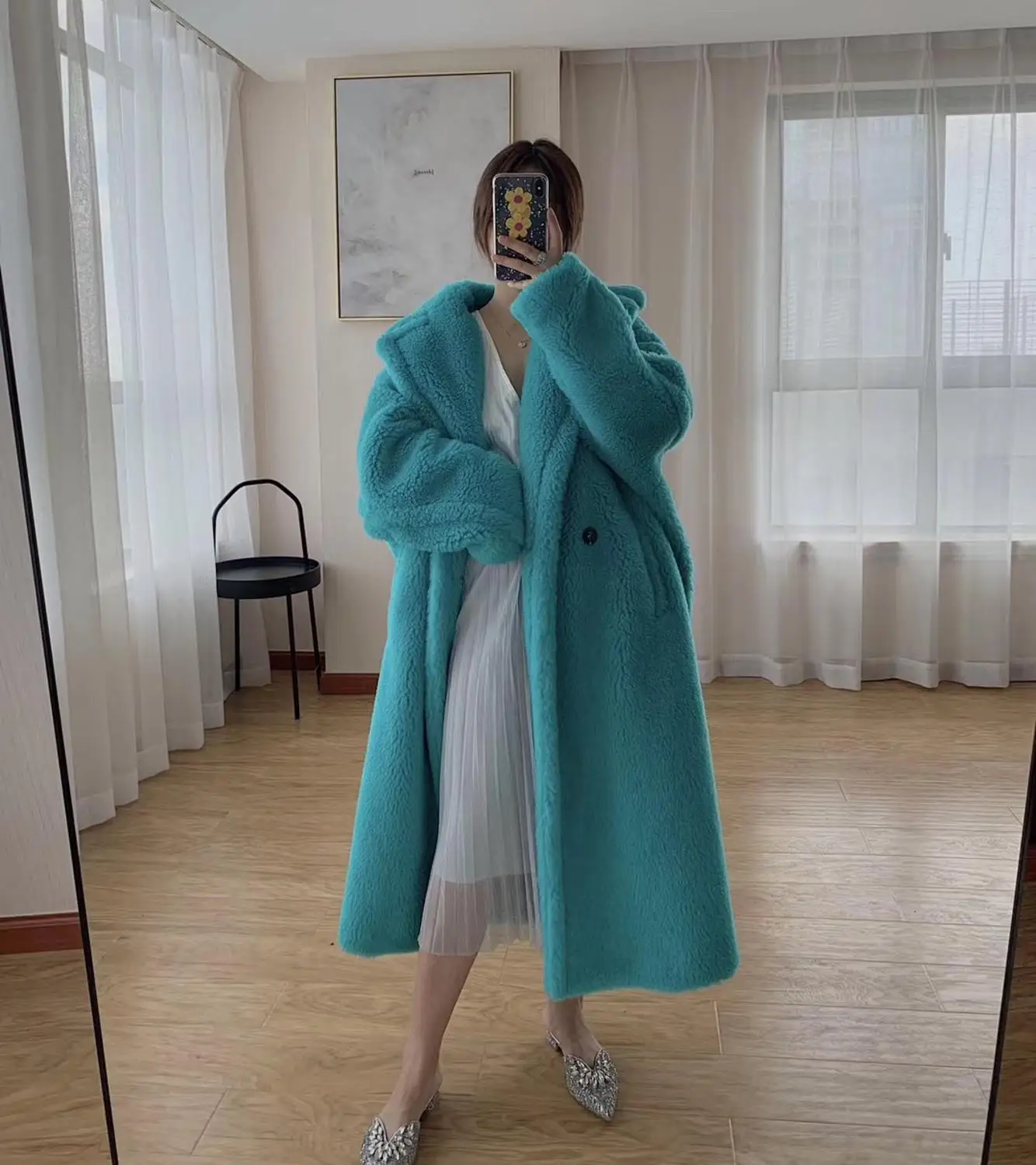 tiffany blue PUDI, новинка, женская мода, натуральный овечий мех, пальто для девочек, для отдыха, однотонная плюшевая куртка, пальто ct817 - Цвет: tiffany blue