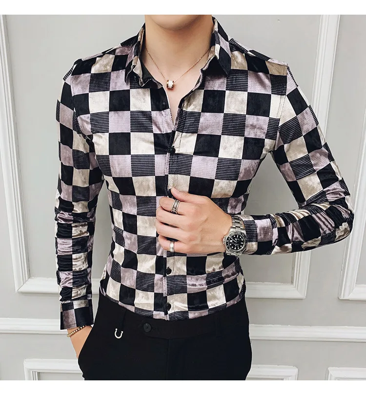 

High Quality Luxury new men's gold velvet slim-fit long-sleeved shirts plaid shirt men clothing Camisa Social tops