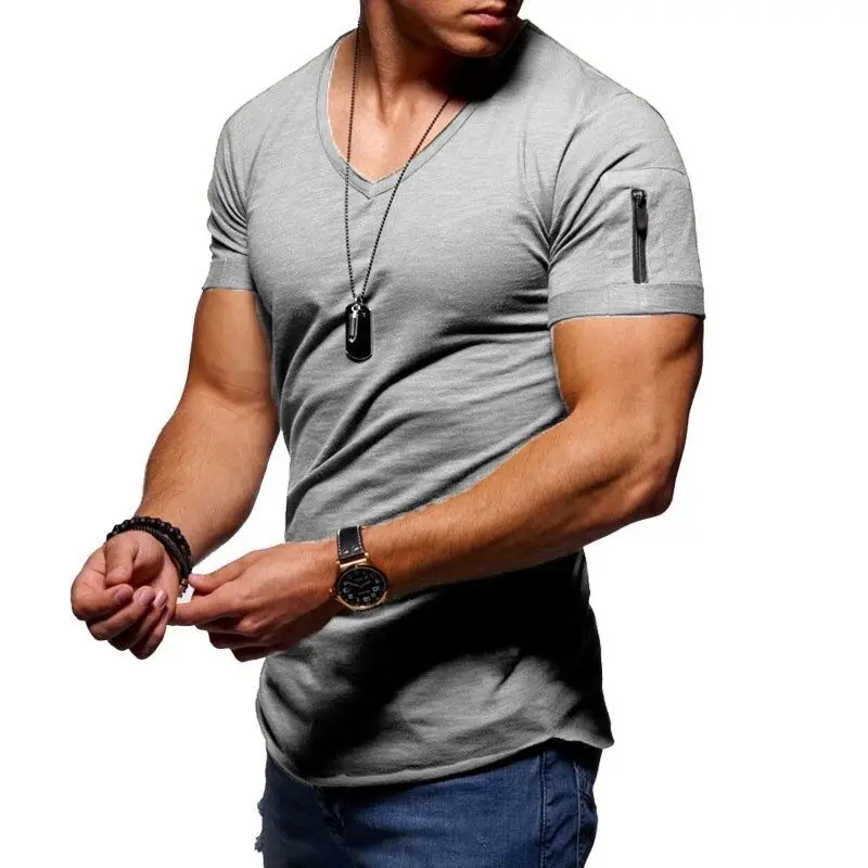 

2021 fashion brand trend Slim short sleeve T-shirt men arm zipper T-shirt V-Neck men T-shirt cotton T-shirt big size 5XL