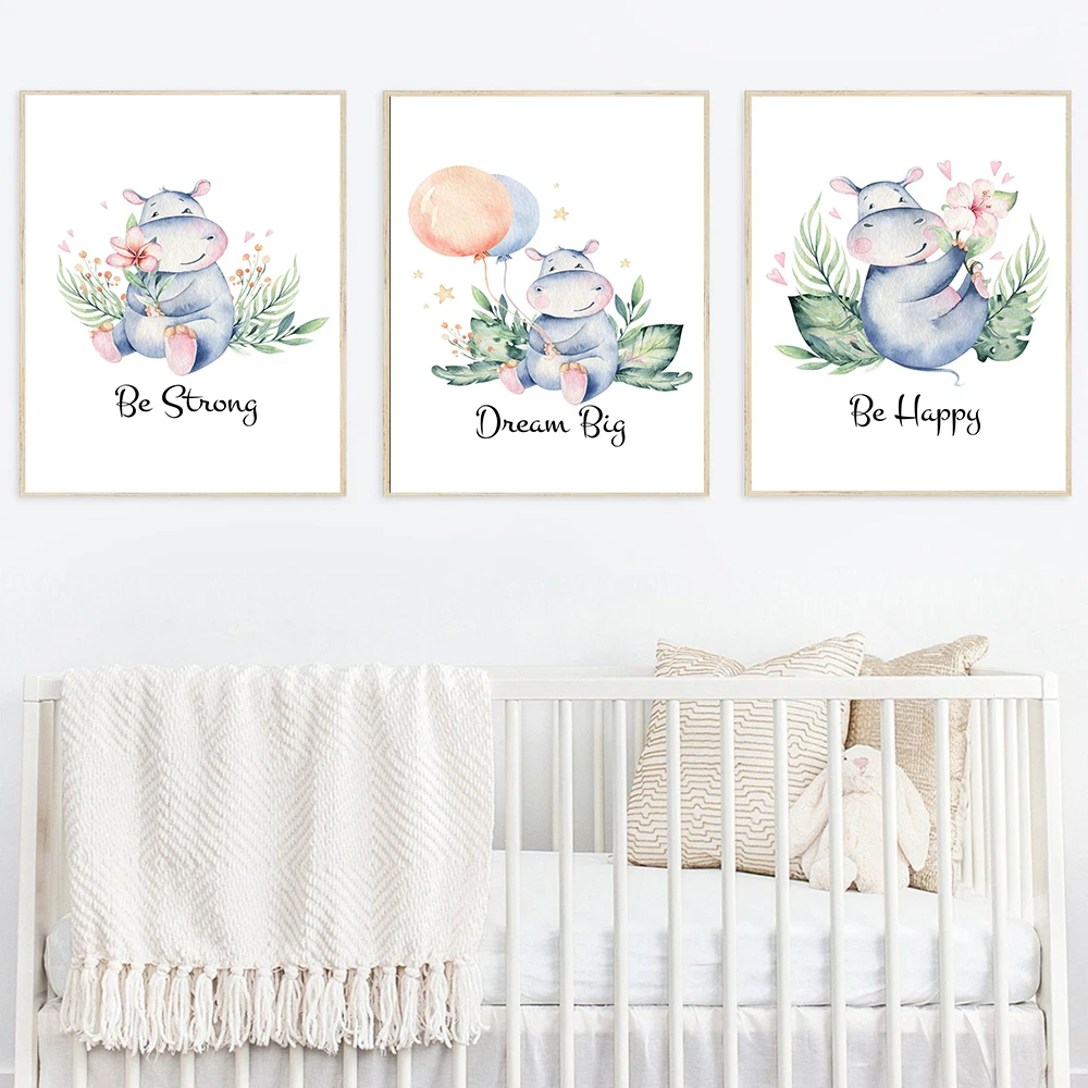 

Be Happy Nursery Room Print Painting On Canvas Animals Watercolor Hippo Flower Leaf Poster Picture Home Decor for Kids Baby Room
