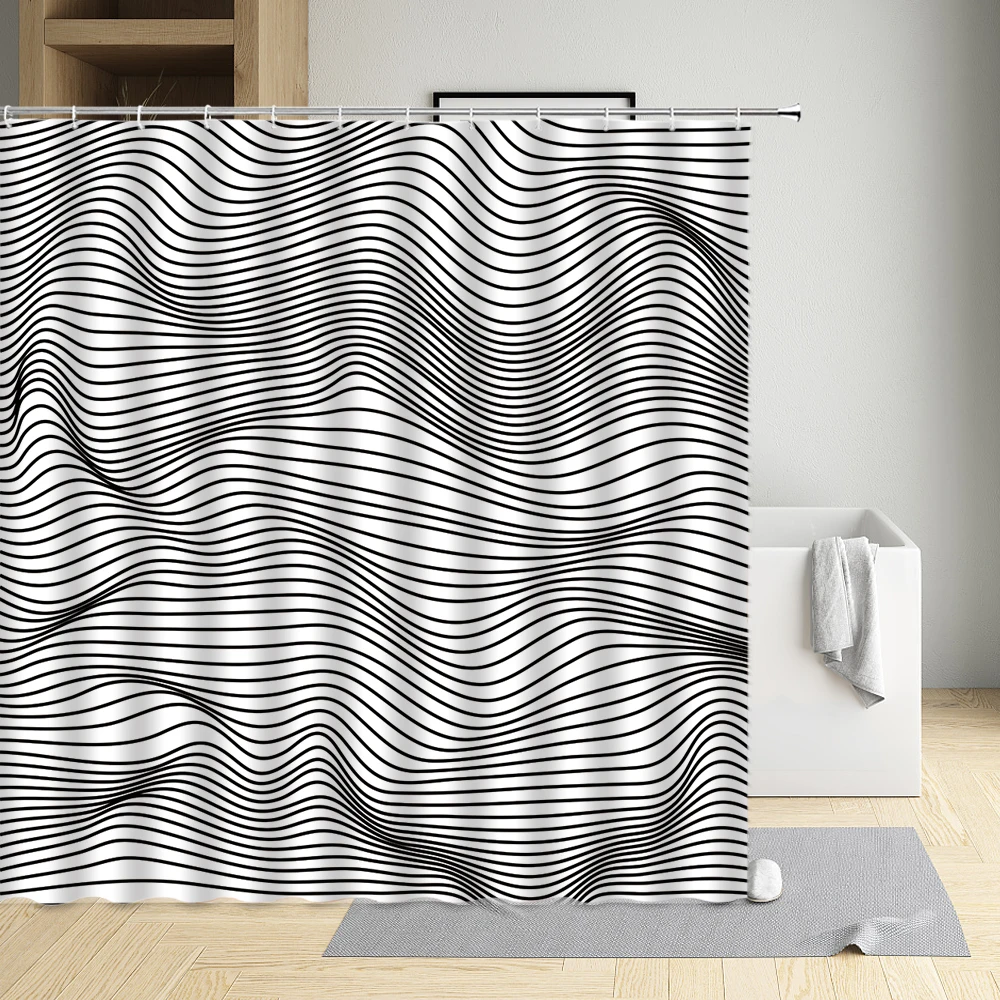 

Waves Shape Shower Curtain Three-Dimensional Square Black White Round Shape Line Cloth Bathroom Decor Bath Screen With Hooks