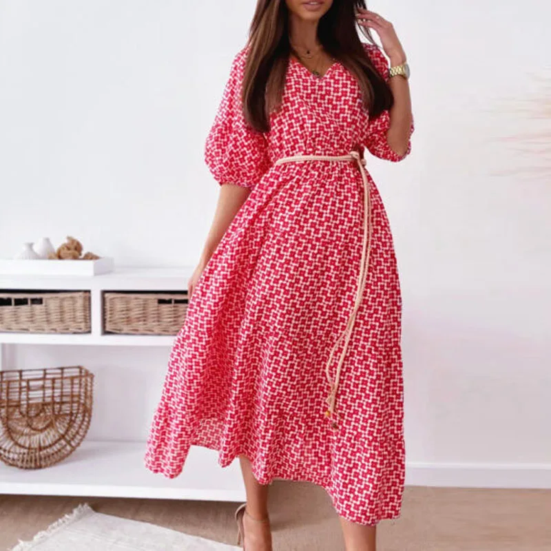 

Summer Women High Waist Dot Print Holiday Dress Casual V Neck Loose Short Lantern Sleeve Dress Elegant Lady Slim Colorful Dress
