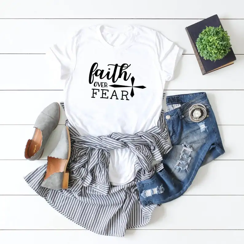 Футболка женская с рисунком Креста веры над страхом 100% хлопок смешная модная