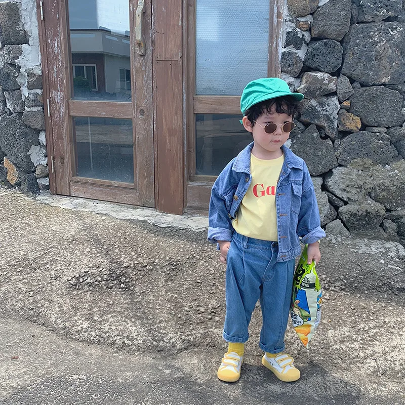 Модные однотонные джинсовые куртки в Корейском стиле для мальчиков сезон осень