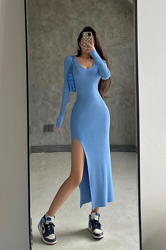 

TVVOVVIN Sexy Knitting Long Women Dress 2020 New Slim V-neck Long Sleeve Split Mid-length Hip-covered Dresses P2MJ