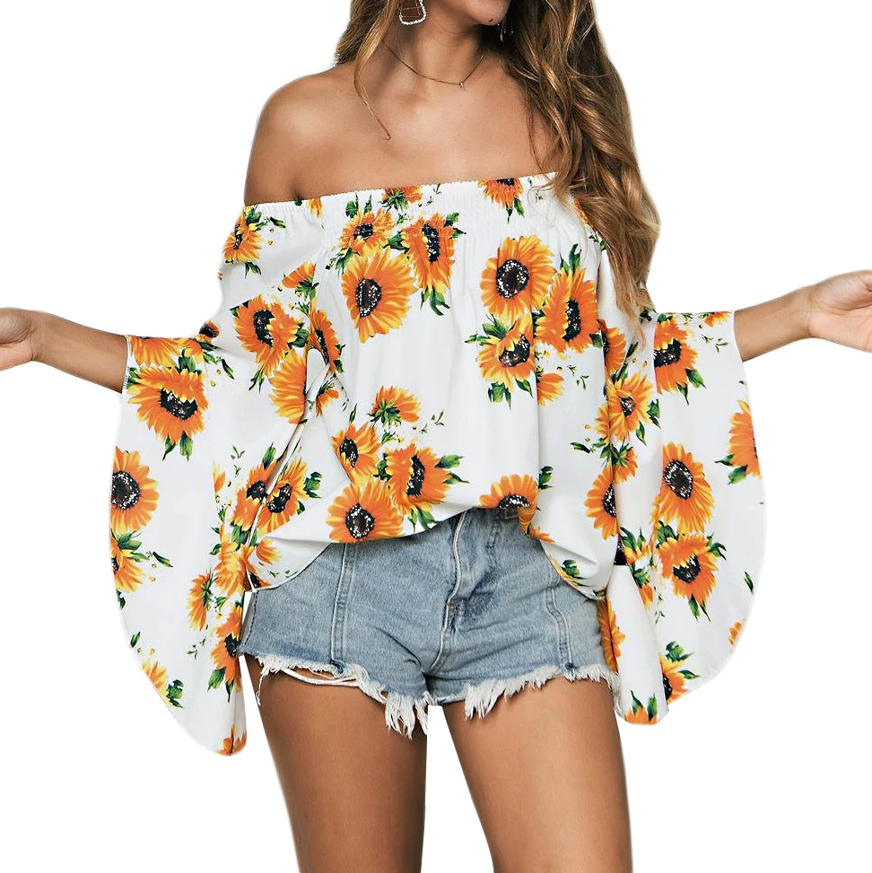 

Women Blouse Summer Sunflower Print Off Shoulder Blouse Casual Loose Flare Sleeve Tops