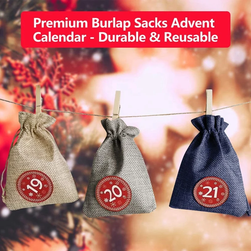 

PPYY-Christmas Gift Bags Calendar Countdown Jute Bag Advent Calendar Christmas Bag Candy Storage Pouch DIY Christmas Gift Bag