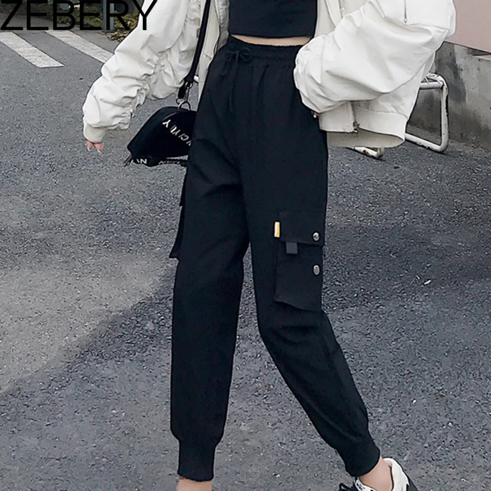 

ZEBERY Women Streetwear Cargo Pants Black Ankle Length Elastic Waist Joggers Female Loose Trousers Casual Plus Size Haren Pants