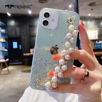 glitter pearls wrist phone case for iphone 12 11 pro max xr xs max soft diamond chain black green case for iphone 7 8 plus cover