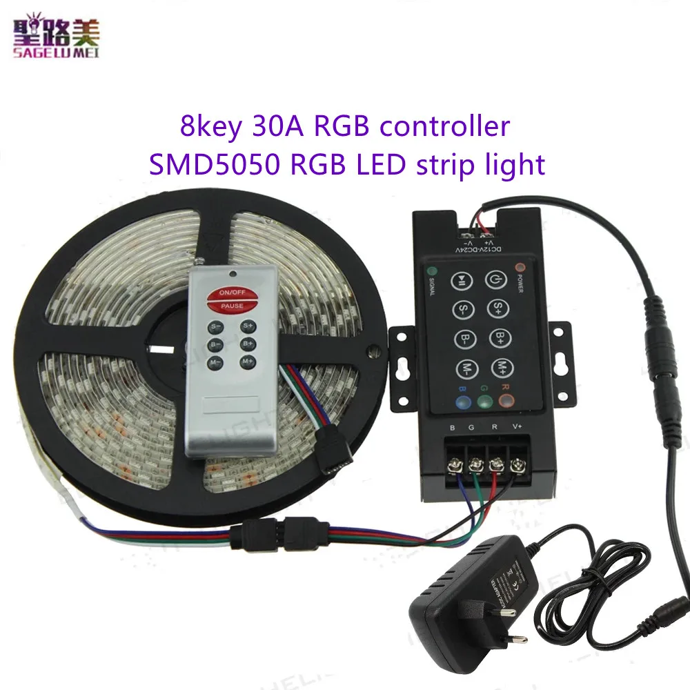 

5M SMD5050 RGB LED strip light with RF Wireless 8key 30A RGB controller DC12-24V 12V3A Power supply For Living Room/Garden/Squar