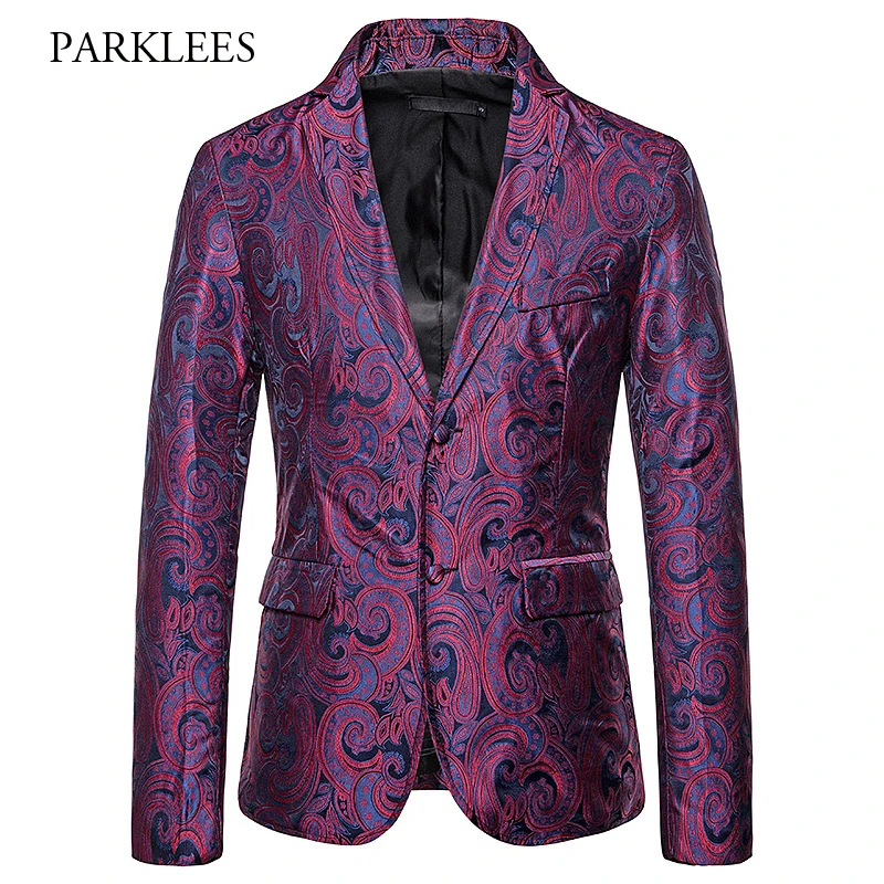 

Vintage Paisley Floral Blazer Men 2019 Single Breasted Flat Collar Mens Suit Jacket Coat Casual Party Club Stage Chaqueta Hombre