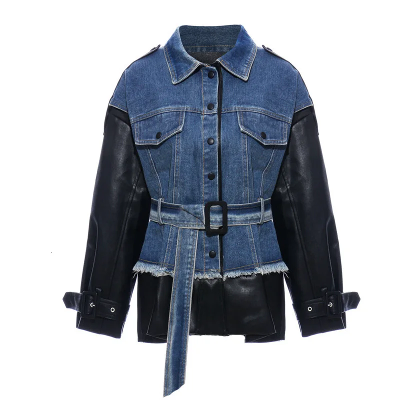 

DEAT 2021 new winter clothes turn-down collar full sleeves PU leatehr denim single breasted patchwork waist belts jacket 19E-a11