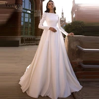 verngo new simple satin wedding dress 2022 long sleeves a line bride gowns 3d flowers vintage arabric formal wedding gowns