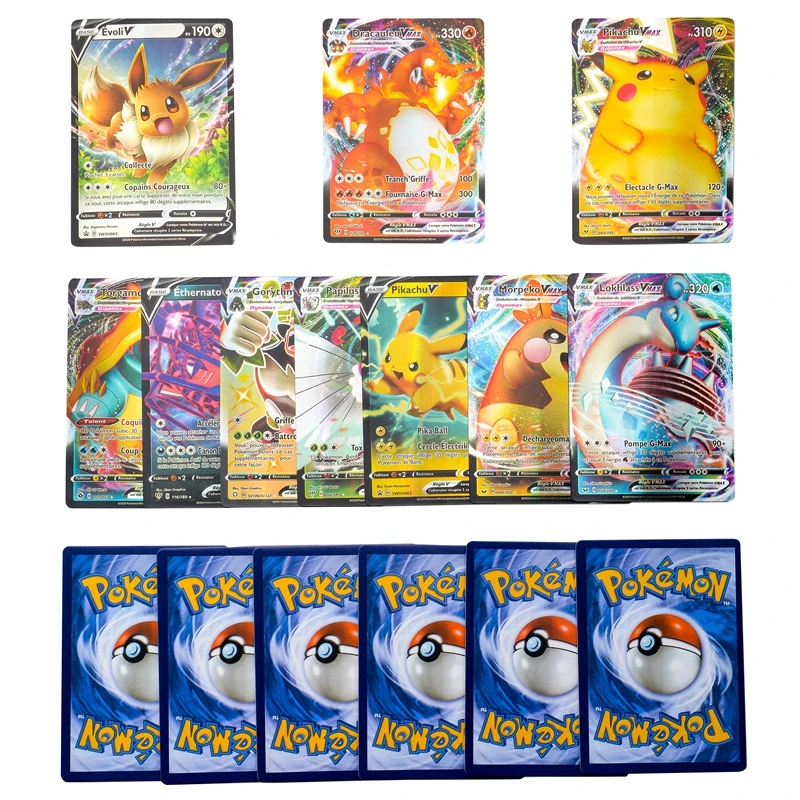Juego de cartas de Pok&eacute;mon franc&eacute;s para ni&ntilde;os, juguete de cartas de Pikachu hologr&aacute;fico de energ&iacute;a, entrenador de equipo GX EX V VMAX, regalo de cumplea&ntilde;os, 100 Uds.-5