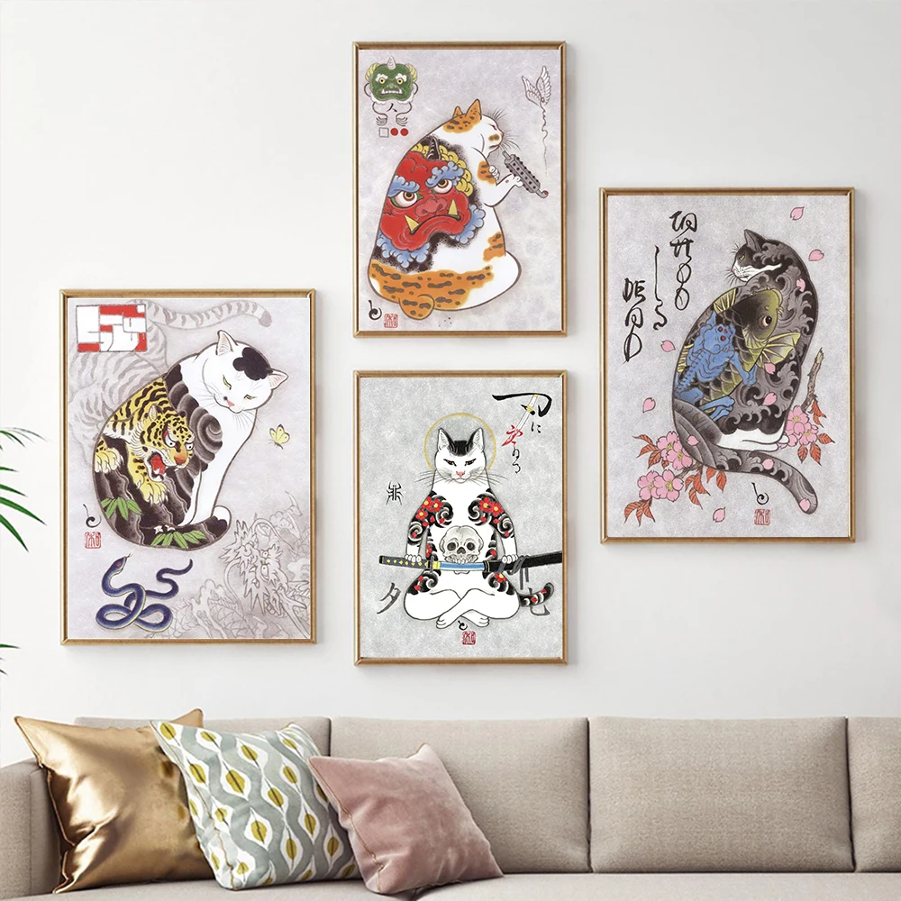 

Japanese Samurai Cat Poster And Prints Vintage Tattoo Cat Canvas Painting Wall Art Picture Living Room Bedroom Home Decoration