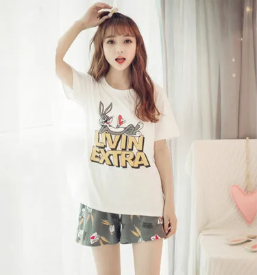 Summer women's thin section cute cartoon sleepwear shorts+ short-sleeved shirt pajamas set comfortable casual nightwear two-pie