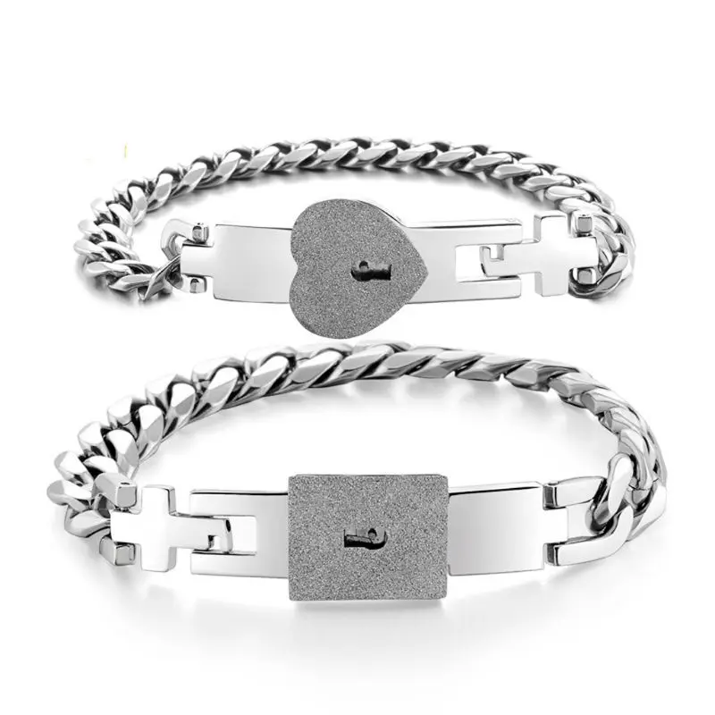 

X7AF 2Pcs Stainless Steel Lover Heart Love Lock Key Bracelet Kit Couple Jewelry Sets