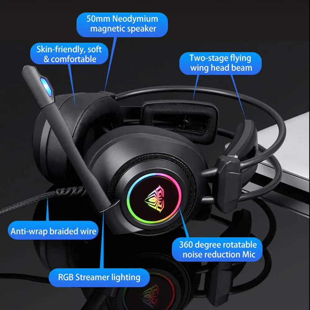 aula s600 rgb gaming headset bass stereo pc gamer over ear headphone surround sound wired headset with mic for laptop desktop free global shipping