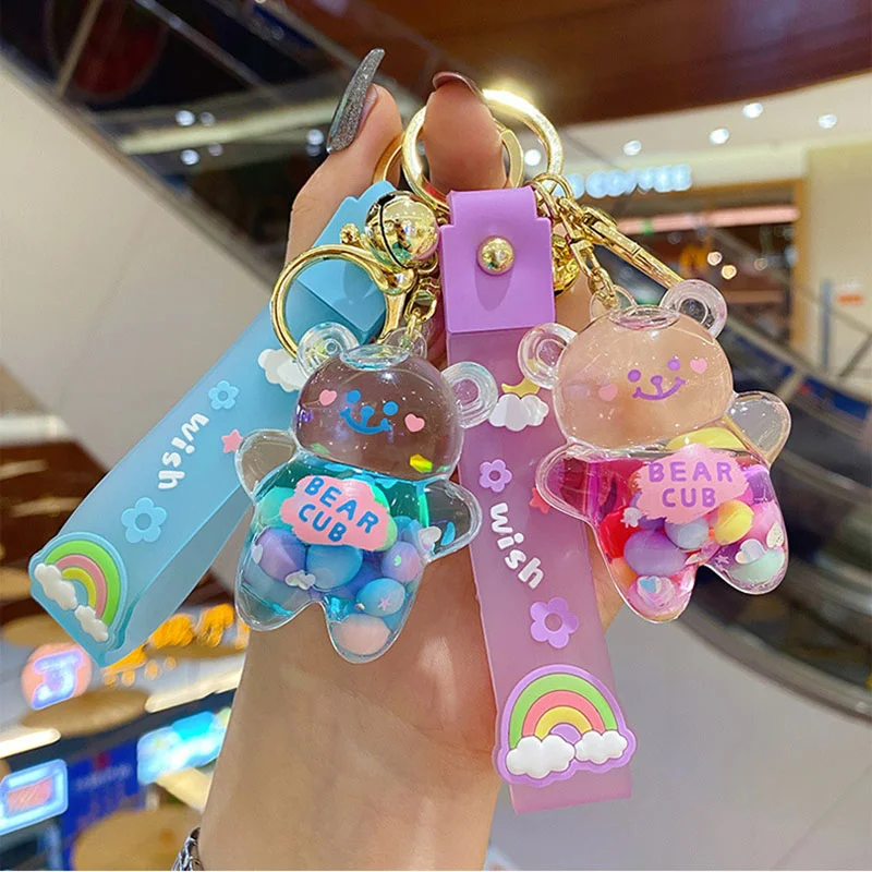

Creative New Liquid Oil Chubby Bear Quicksand Keychain Cute Floating Colorful Balloons Keyring Girl Bag Pendant Gifts Key Chain