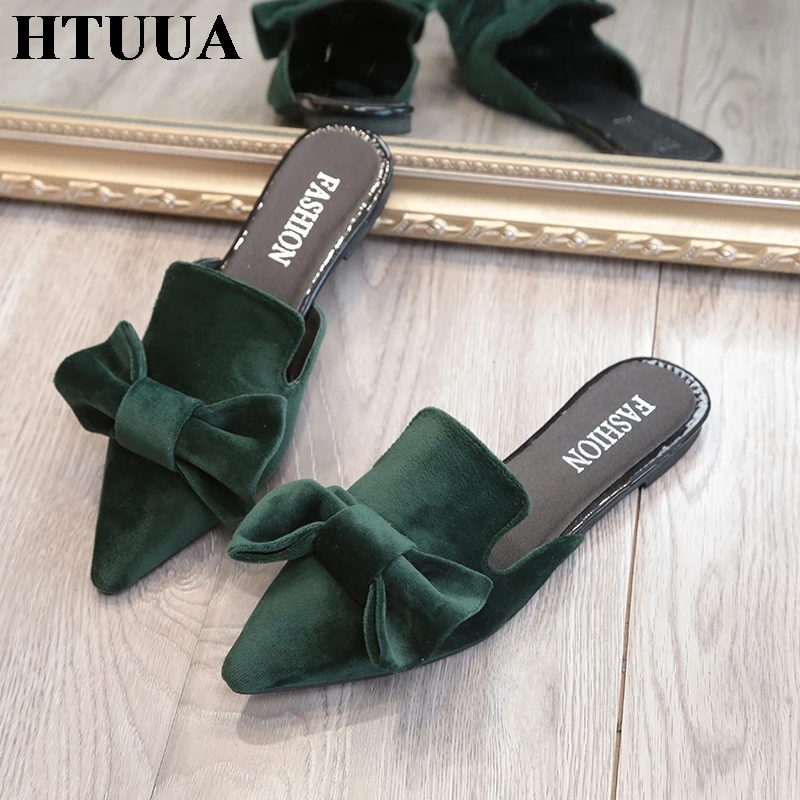 HTUUA/летние туфли без задника из флока; женские шлепанцы с острым носком; шлепанцы на плоской подошве с бантом; женские сандалии; SX2381