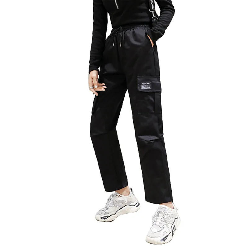 Женские брюки карго с большими карманами свободные высокой талией в уличном