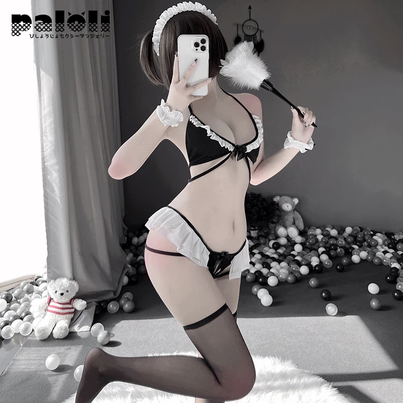 Paloli Женщины Мини Костюм Горничной Три Точки V-Образный Униформа Соблазн Костюм Черно-Белый Бикини Сексуальное Белье Ролевая Одежда.