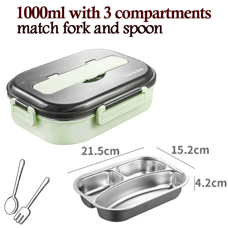 green 1000ml-3divide SUS 304 Ланч-бокс из нержавеющей стали, контейнеры для еды, переносная коробка для снэк-бенто на заказ, Спортивная Коробка для хранения с отсеками - Цвет: green 1000ml-3divide