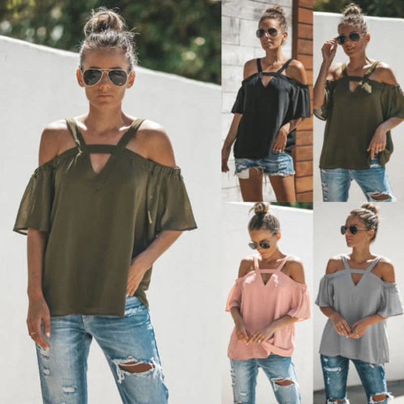 

Women's summer new sexy sling V-neck loose chiffon shirt short sleeve 4 colors womens tops and blouses Polyester Solid