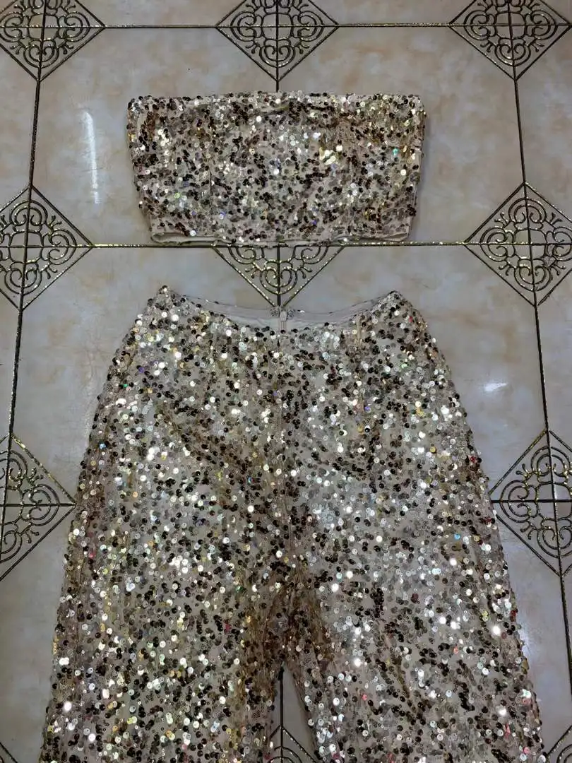 

High Quality 2020 New women Gold Sequined two-piece Elegant Bodycon Celebrity Evening Party Bandage Dress wholesale