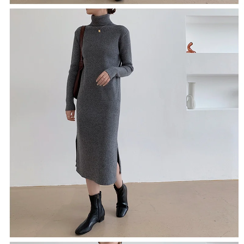 

Autumn Spring Women Split Dress Long Sleeves Simple High Neck Solid Color Female Elegant Knitted Slim Temperament Long Dress