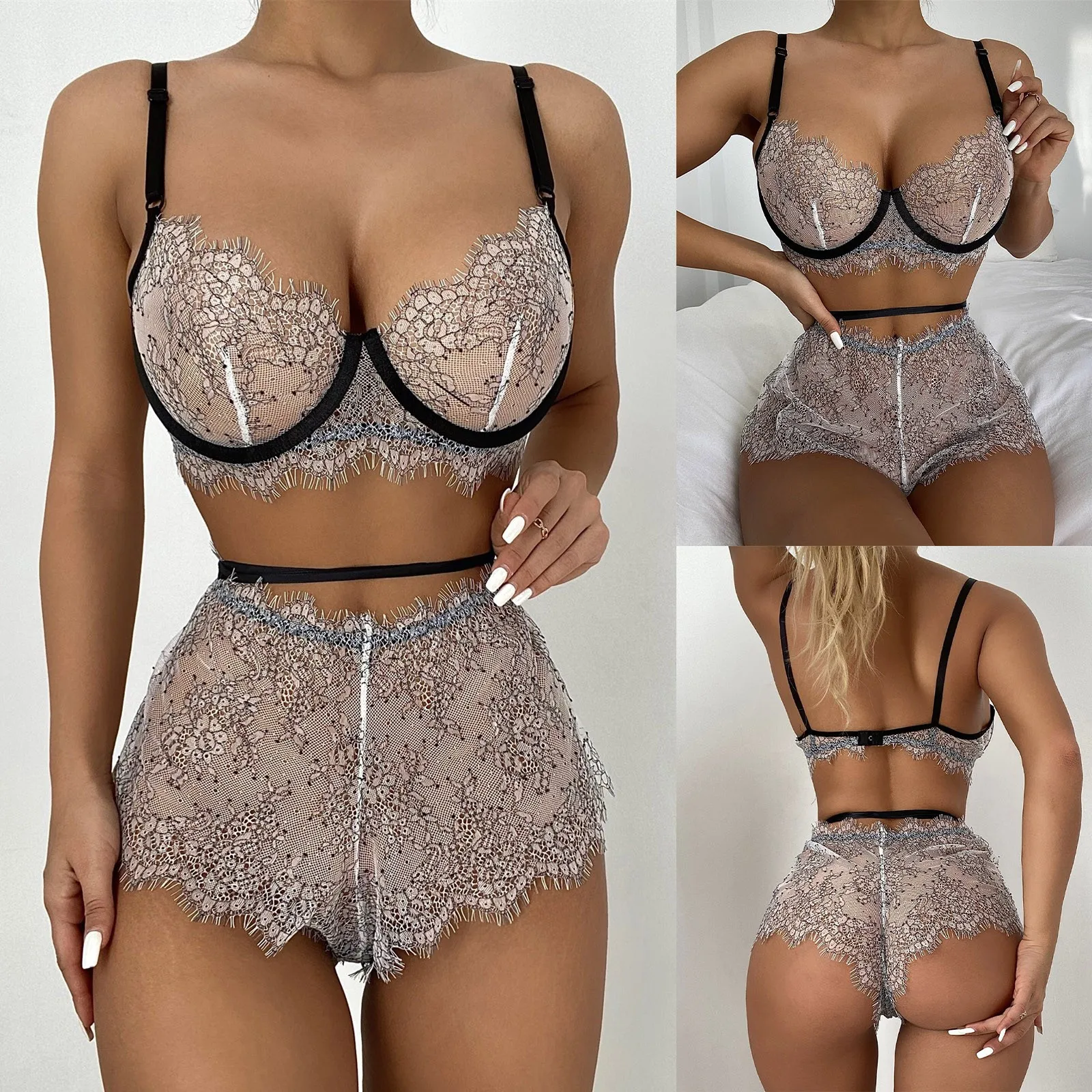 

Undefined Women Lingerie Eyelash Lace Underwear Sleepwear G-string Pajamas Shorts Bra See Through Biquine Feminino Sexy Bikini
