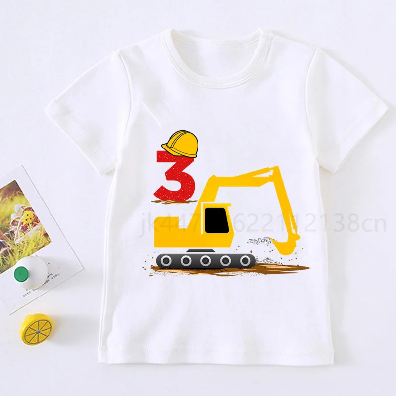 

Baby Kids Cartoon Excavator Birthday Number Name Print T Shirt Children Birthday T-shirts Boy&Girl Funny Gift Tshirt Present