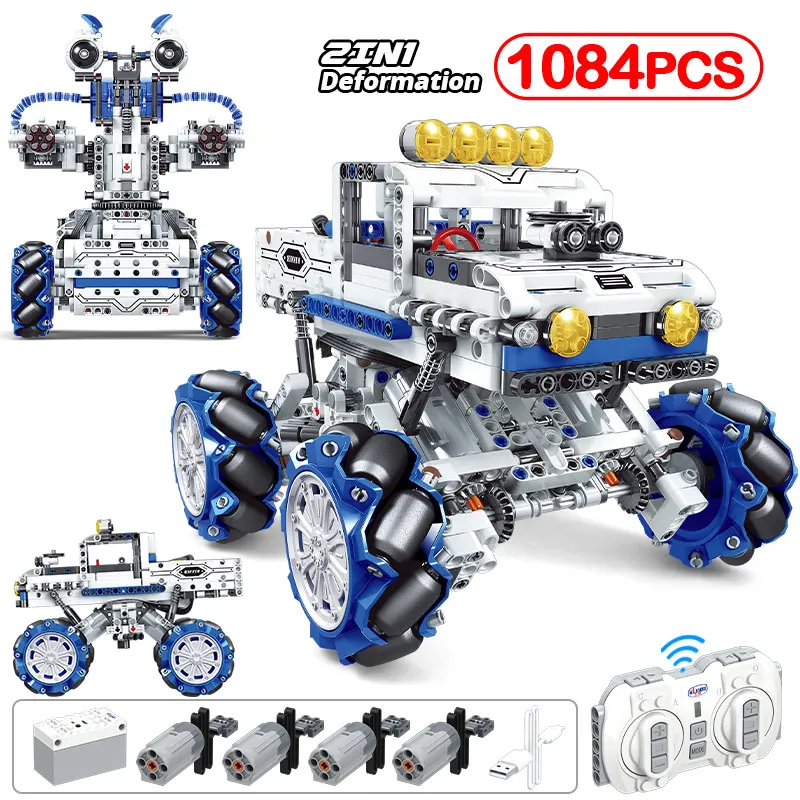 

1084 шт. городской Робот 2 в 1 С четырехколесным приводом на радиоуправлении, строительные блоки, механический автомобиль с дистанционным упра...