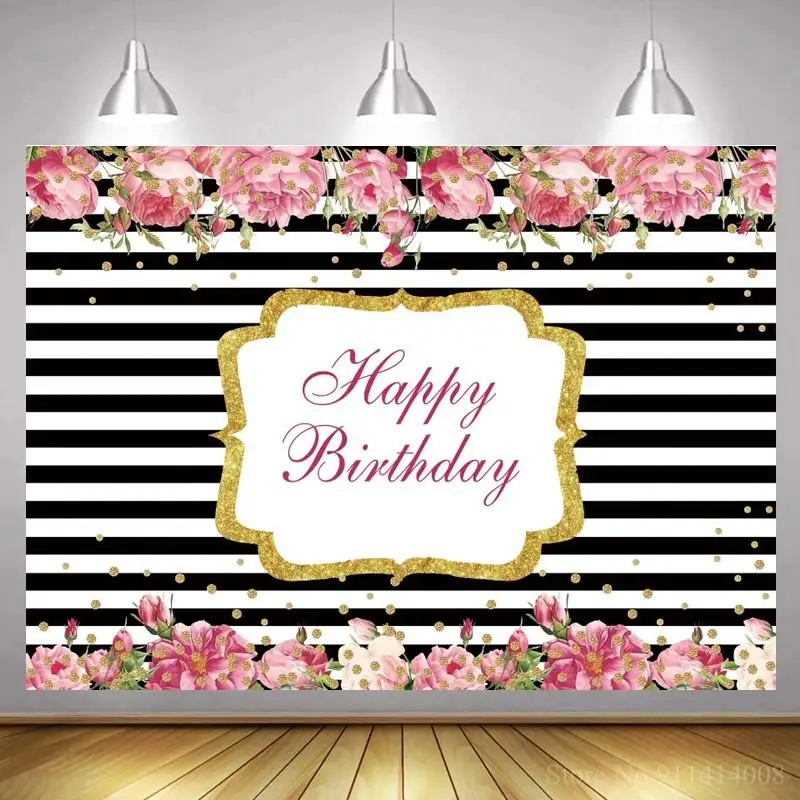 

Black White Striped Line Pattern Happy Birthday Backdrop Photographic Women Birthday Celebration Party Floral Background Photo
