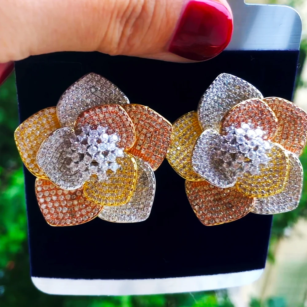 

GODKI NEW Trendy Luxury 3 Tone Flower Stud Earrings For Women Wedding Cubic Zircon CZ Bridal Earrings Bohemia Hot Drop Shipping