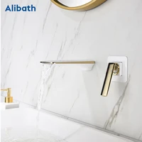 free shipping wall mounted basin faucets waterfall bathroom faucet white and gold brass spout vanity sink mixer tap