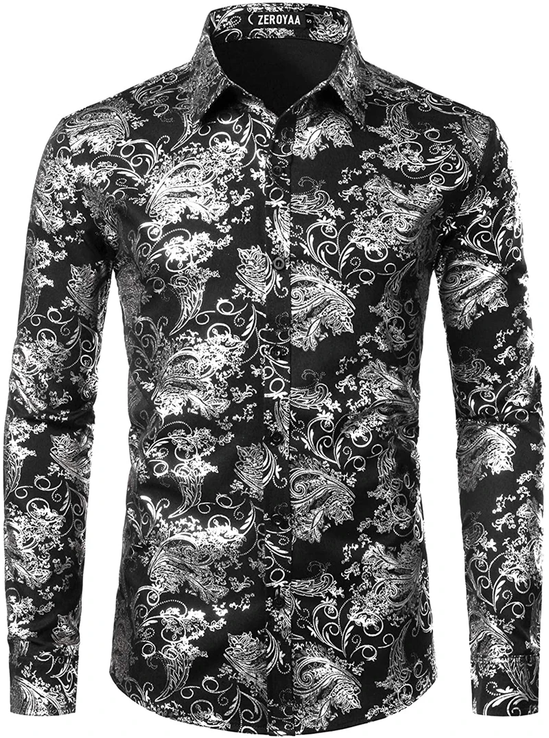Mens Luxury Paisley Floral Gold Shiny Print Shirts Camisas Stylish Slim Long Sleeve Dress Shirt for Party Prom Show Men Clothing