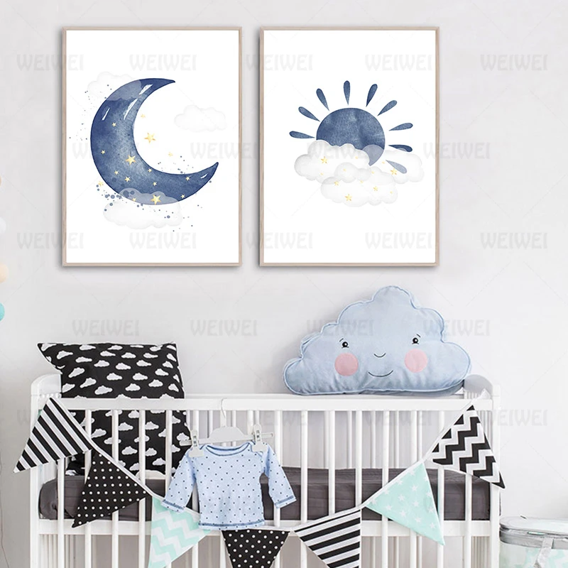 Детская комната синий холст Художественная печать Радуга солнце рисунок с Луной