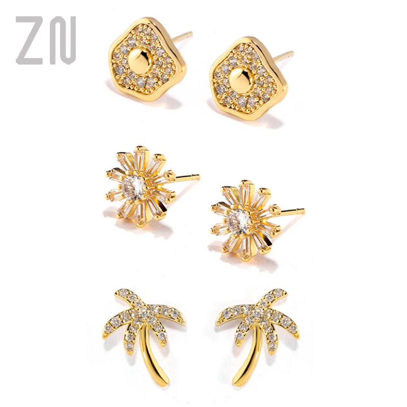 

ZN 2021 New Trendy Crystal Poached Egg Flower Tree Stud Earrings For Women Fashion Elegant Gold Color Zircon Earrings