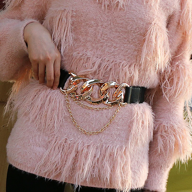 

Fashion Elastic Belts For Women Designer Luxury Brand PU Thick Chain Waist Strap Dress Coat Sweater Lady Decorative Waistband