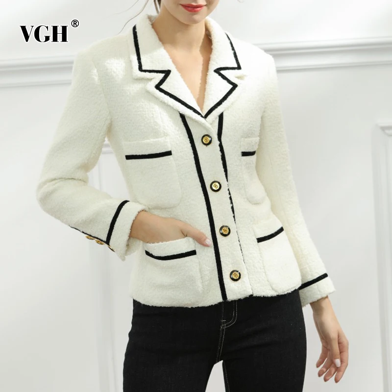 

Женское короткое пальто с отложным воротником VGH, белое приталенное пальто с длинными рукавами и карманами в Корейском стиле, осень 2021