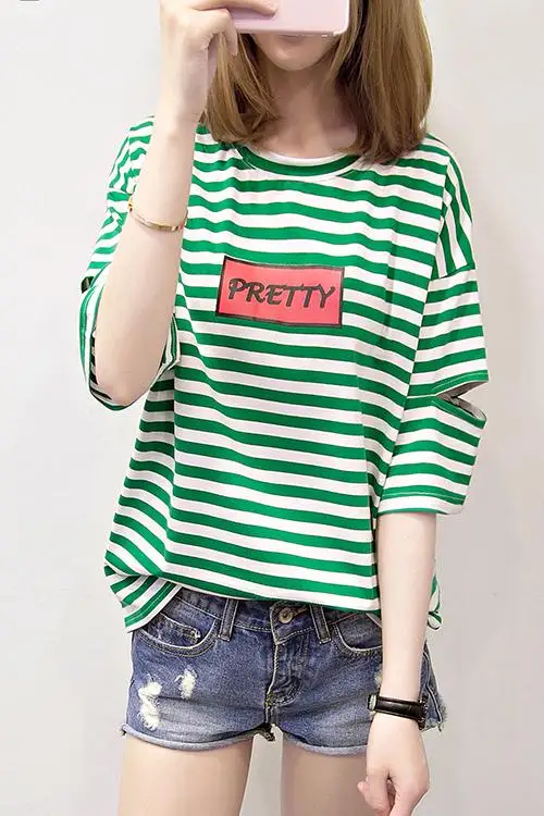 

Houthion Women's T-shirt Casual Hole Striped Letter Top New Fashion Temperament Summer Loose All-match O-neck Half Sleeve