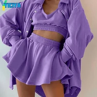 casual loose tracksuit women solid blouse and crop top shorts co ord sets three pieces set women loungewear clothing