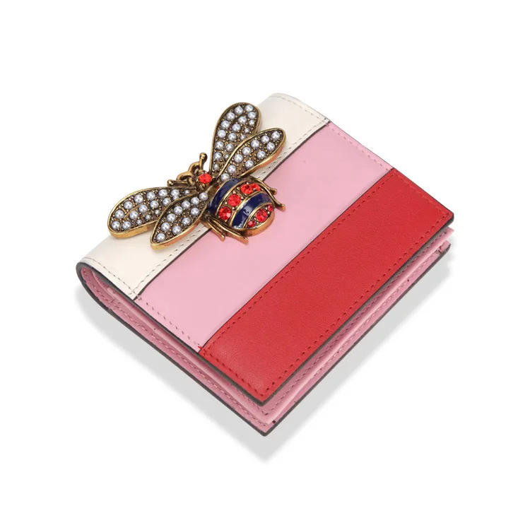 

Women Wallet Short Real Leather Metal Pearl Bee Female Fold Card Holder Purse Fashion Striped Brand Designer Wallet Bags