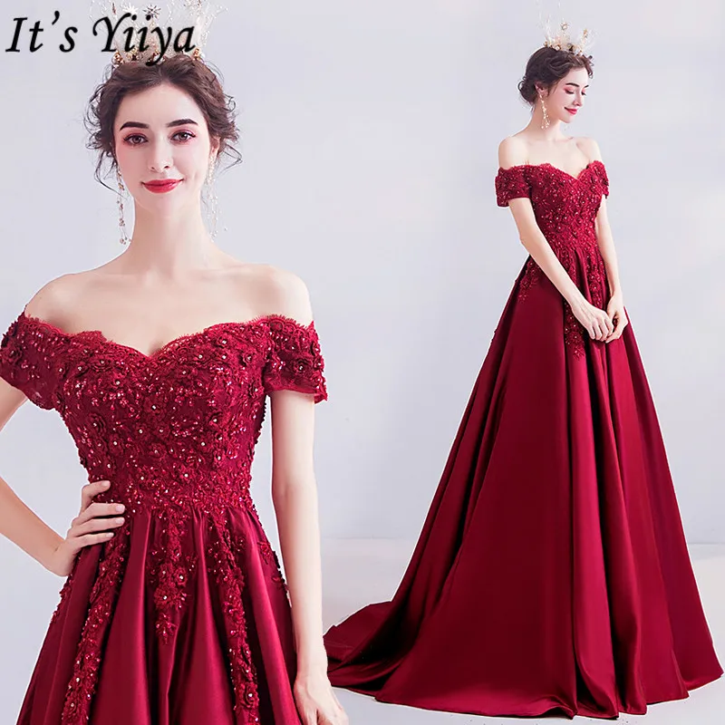 

It's Yiiya Evening Dress Boat Neck Short Sleeve Burgundy Plus Size Robe De Soiree LF001 Off The Shoulder Beading Formal Gowns