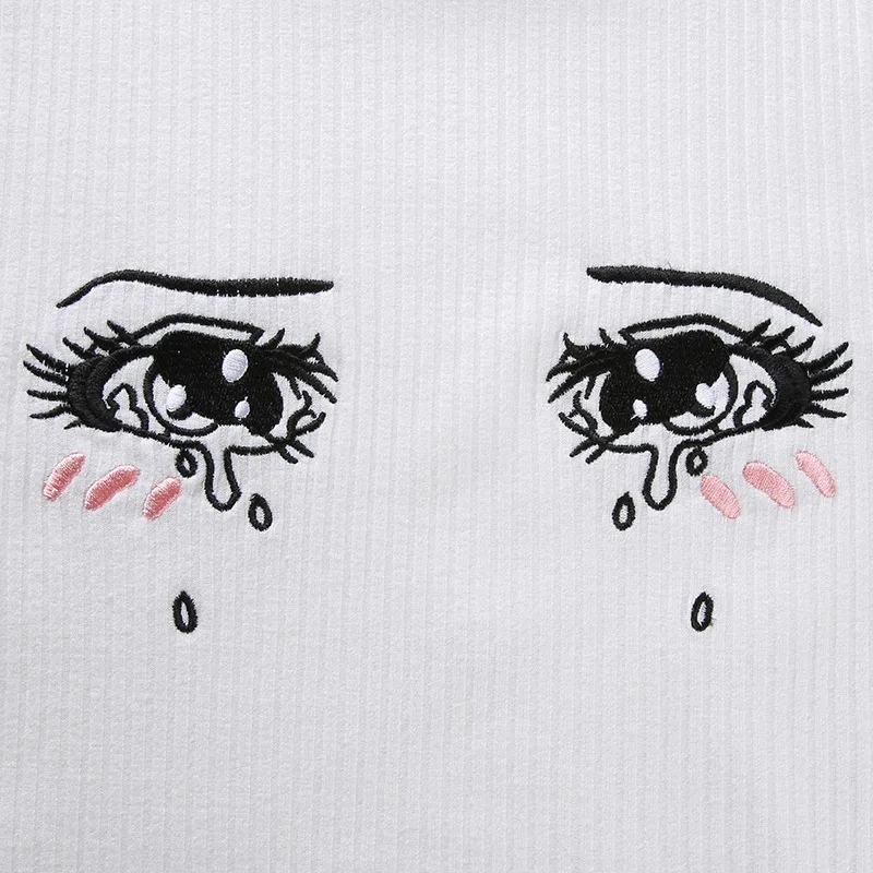 

Anime Girls Cosplay vest Pullovers Cartoon embroidery cute crying eye Lolita Costume women open navel thin short sleeve