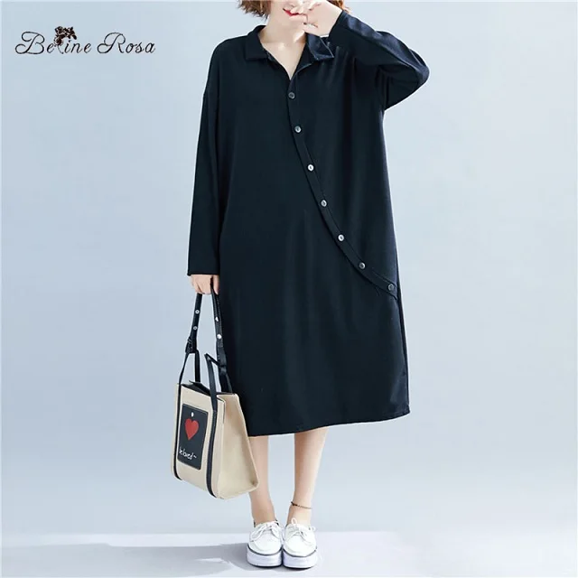 black BelineRosa Элегантные Офисные Женские Платья Осень Зима Основные Женщины Чистый Цвет Плюс Размер Ежедневное Платье TTFS0002 - Цвет: black