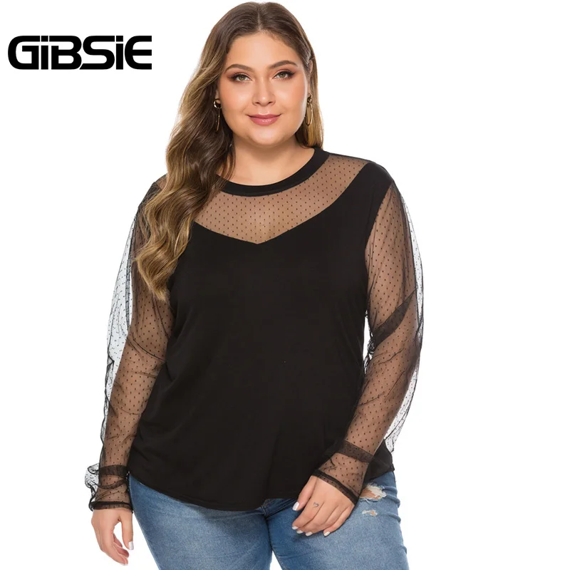GIBSIE Элегантный Плюс Размер o образным вырезом сетчатый топ женский черный